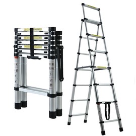 6+7 Steps(6.6ft + 7.5ft) Aluminum Telescoping Extension Ladder 330lbs Max Capacity A-Frame Ladder Herringbone Ladder Lightweight Portable Multi-Purpose Folding