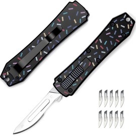 Automatic Utility Knife,All Metal Construction Carbon Stainless Steel Blade,EDC Push Button Quick Change Retractable Box Cutter with Clip,10PCS #23 Blades Replacement,Black Doughnut