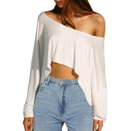 MISSACTIVER Long Sleeve Oversized Off The Shoulder Tops for Women Workout Loose Boat Neck Crop Tops Tshirt Basic Shirts White