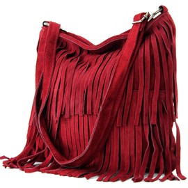 Womens Italian Real Suede Leather Fringe Tassel Shoulder Handbag Cross Body Messenger Side Bag For Ladies (Burgundy)