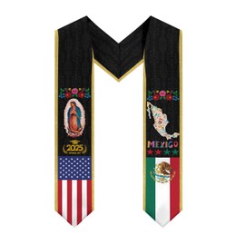 Mexican Guadalupe Graduation Sash Class of 2025 - Mexican and American Flag Our Lady of Guadalupe Print Graduation Stole for High School & College Graduates - Gift for Graduation's Day V Shape Stole