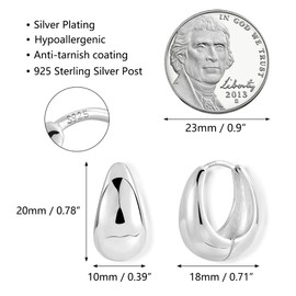 Small Hoop Earrings for Women, Sterling Silver 925 Chunky Hoop Earrings, Lightweight Silver Wide Thick Oval Hoop Earrings Small Cartilage Huggie Hoop Earrings Silver Chunky Earrings for Women