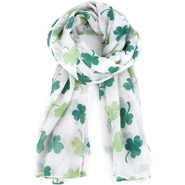 EVECILOO St. Patrick's Day Shamrock Scarf Irish Clover Scarf White Green Scarf Shamrock Patterns Satin Scarf (A)