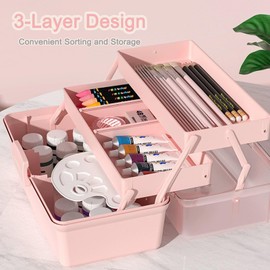 Chistepper 3-Layer Craft Storage Box Paint Storage Organizer Paint Brush Holder 2-Tray Art Supply Box Craft Paint Storage Craft Paint Storage for Painting Supplies