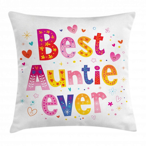 Lunarable Aunt Throw Pillow Cushion Cover, Doodle Style Best Auntie Ever Typography Childish Family Hearts Flowers Cartoon, Decorative Square Accent Pillow Case, 16" X 16", Pink Yellow