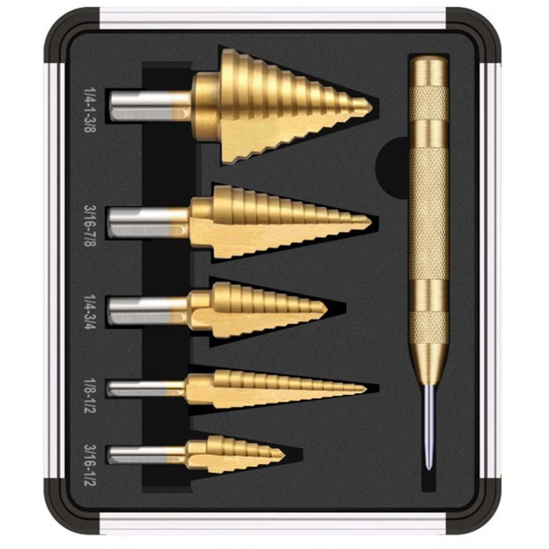 6Pcs Titanium Plated Step Drill Bit Center Punch Straight Flute