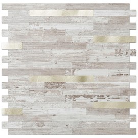 DICOFUN 10-Sheet Peel and Stick Backsplash Tile, Brown Birch Wood Look PVC Mixed Metal Gold Stick on Backsplash Tiles for Kitchen, 9.4 sq.ft