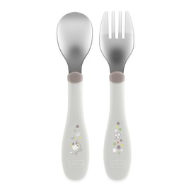 Chicco Stainless Steel Cutlery Set, Baby Set, Fork and Spoon for Children, Easy Grip, 2 Pieces, 18M+, Grey