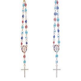 DICOSMETIC 2 Styles Easter Car Rosary for Rearview Mirror Colorful Evil Eye Car Mirror Hanging Rhinestone Cross Rosary Necklace for Women Men, 27.9MM Long