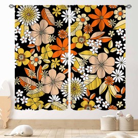 Cortinas retro de los años 70, cortinas florales para ventana, diseño de flores naranjas, estéticas, bohemias, trippy, opacas, para recámara, sala de estar, cocina, 2 paneles, 42 x 45 pulgadas