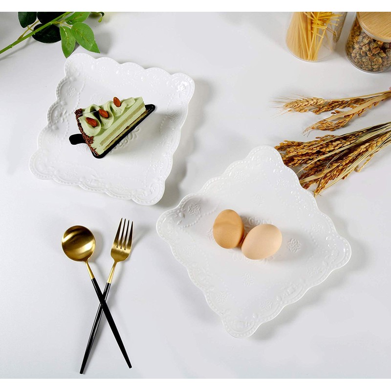 YBK Tech Elegant Square Embossed Lace Plate, Ceramic Serving Plate