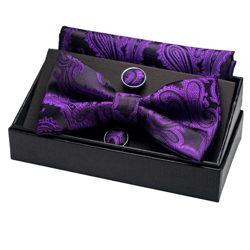 JEMYGINS Men's Paisley Pattern Bow Tie, Cuffs, Buttons, Handkerchief Set,