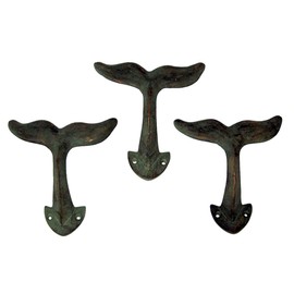 Wowser Rustic Green Patina Cast Iron Whale Tail Wall Hooks, 4 1/2 Inches, Set of 3
