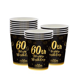 16Pcs Black Gold 60th Birthday Paper Cups,Birthday Tableware Party Cups Disposable,Happy 60th Birthday Table Decorations Cup Birthday Gifts for Women,Men,Ladies,Him,Her 60th Birthday Party Décor
