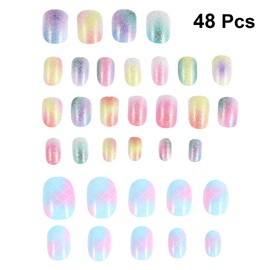 Lurrose 48 Pcs/2 Boxes Children Nails Press On Pre-glue Short Artificial Fake Nails Full Cover False Nail Kits for Kids Girls Nail Art Decoration (Colorful)