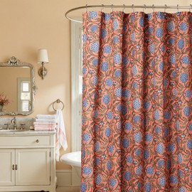 MUGINYU Boho Burnt Orange Floral Shower Curtain - 72x72 Inches,Cotton Blend Cloth Fabric, Botanical Coral Block Print Pattern for Rustic Farmhouse Frenchy Bathroom