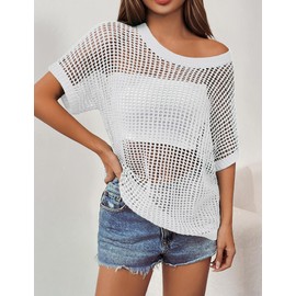 BUNSLOOM Beach Dress Women's Short Sleeve Pullover Fashion Hollow Round Neck Knitted Tops Cover Ups, White, S