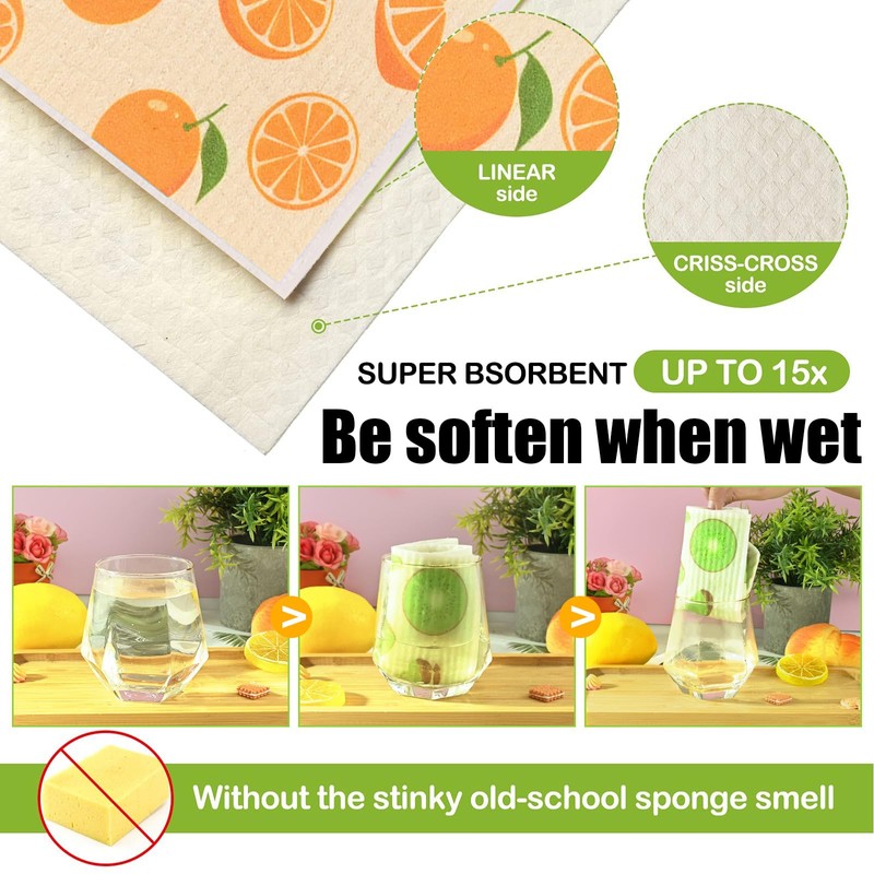 Swedish Dish Cloths 6 Pack, Reusable, Sponge Cloth Kitchen Towels,