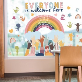 JarThenaAMCS One World Together Window Clings Colorful Hand Rainbow Window Stickers Double Sided Glass Decals for First Day of School Party Home Classroom Wall Blackboard Decor, 6 Sheet