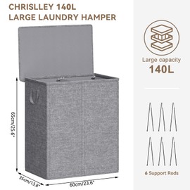 Chrislley 140L Laundry Hamper 2 Section, Double Laundry Basket with Lid, Large Dirty Clothes Hamper with Removable Liner Bags, Collapsible Laundry Organizer for Bedroom, Dorm,Grey