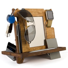 Wood Phone Docking Station for Men - Wooden Man Watch Stand Wallet - Gift for Men - Gifts for Husband - Mens Night stand Nightstand Organizer - Valet Tray Charging Station - Dad docking station