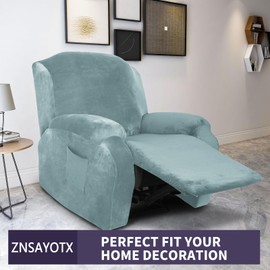 ZNSAYOTX Stretch Velvet Recliner Cover 4-Pieces, Thick Soft Recliner Chair Slipcover with Pocket, Non-Slip Elastic Bottom for Kids Pets, Luxury Plush Reclining Protector Comfy Washable (Stone Blue)