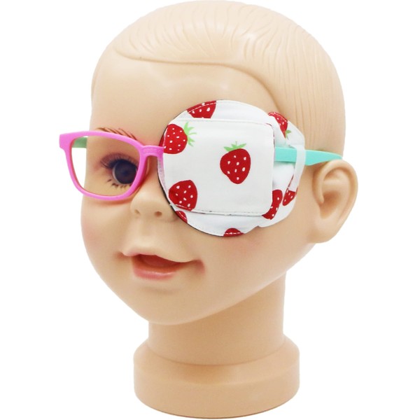 Parche para ojos astrópico 3D de algodón y seda para niños | Parche para ojos para niñas | Parche médico para niños con ojo perezoso (fresa, ojo izquierdo)