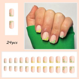 St. Patrick's Day Shamrock Press on Nails Short Square Fake Nails Nude Glossy Four-leaf Clover with Design Glossy Reusable Artificial Natural Fit Stick on Nails for Women Girls DIY Manicure Decoration