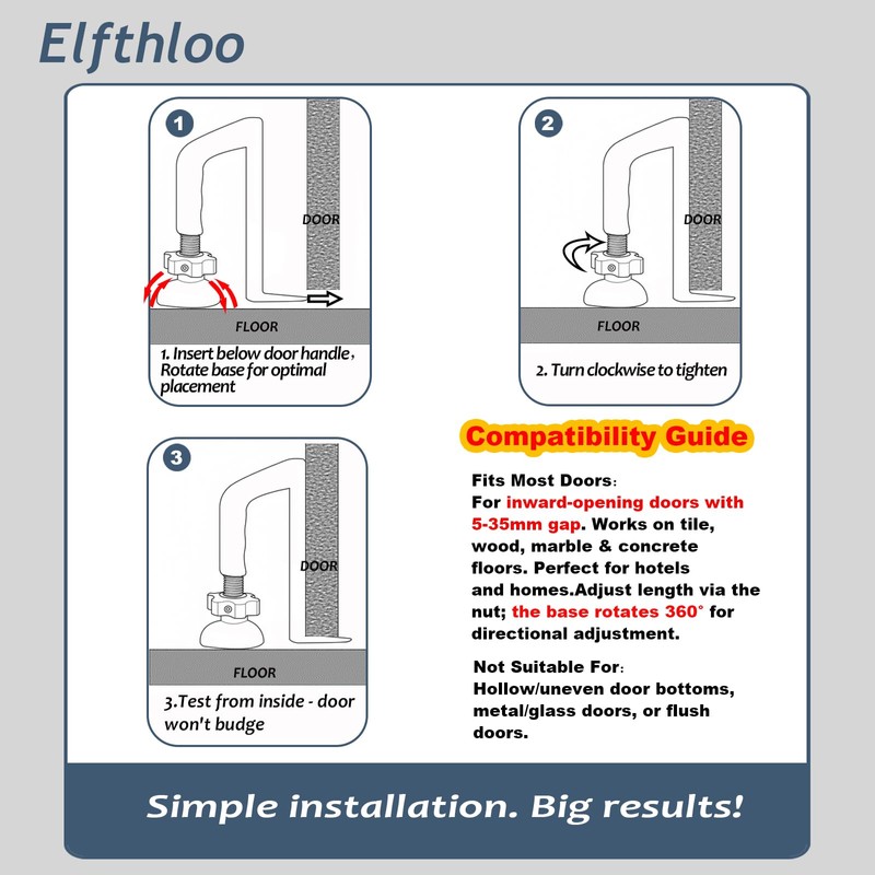 Elfthloo Portable Door Lock Travel Security, Black Anti-Theft Stopper