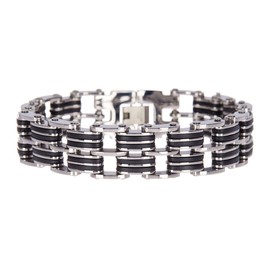 Blackjack Jewelry Polished Stainless Steel and Black Rubber Two Tier Link Bracelet