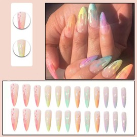 ONPRESS 24Pcs Rainbow Press on Nails Colorful French Tip Acrylic Nails Fake Nails Long Stiletto Ice Cream Glue on Nails Rainbow Fire Gradient Stick on Nails Medium Almond False Nails for Women Decor