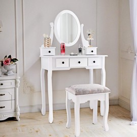 ReunionG Vanity Set, Multifunction Makeup Writing w/Drawers, Adjustable Round Mirror and Cushioned Stool, for Home Bedroom Dressing Table Desk Easy Assembly, White