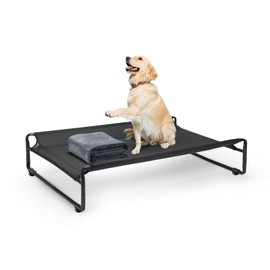 Veehoo Large Elevated Dog Bed with Flannel Dog Blanket, Outdoor Guardrail Raised Pet Cot for Large Dogs, Anti-Slip Camping Dog Hammock Bed, Breathable Teslin Mesh Fabric, L, CWC2201B