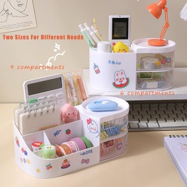 Kawaii Stationery Storage Box Makeup Organizer with 2 Drawers, Kawaii Pen Organizer with Stickers DIY Fun, Desk Organizers and Accessories with 5 Compartments for Teen Girls Office Art Supplie