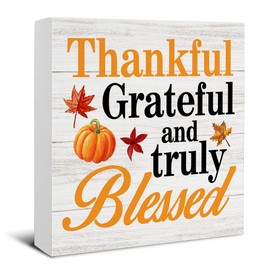 Fall Decor - Fall Decorations for Home - Thanksgiving Decorations - Thankful Grateful and Truly Blessed Pumpkin Wooden Sign Home Living Room Kitchen Desk Shelf Table Decor - 5 x 5 Inches