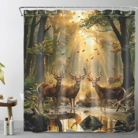 LB Forest Deer Shower Curtain Rustic Wildlife Animal Elk Hunting Bathroom Shower Curtain Nature Foggy Forest Bird Bathroom Curtain with Hooks 72Lx72W Inch Polyester Fabric Bath Curtain
