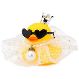wonuu Rubber Duck Car Dashboard Decoration, Duck Car Ornament Cute Car Accessories with Mini Crown Dress Pearl Necklace Glasses, White Starry Skirt