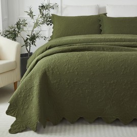 Brandream Quilt Set Cotton Twin Size Olive Green Farmhouse Bedding Matelasse Coverlet Set Oversized Bedspreads Twin XL Scalloped Edge Quilts 2-Piece