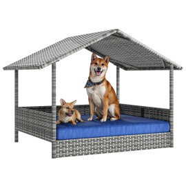 TAUS Large Wicker Dog House with Cushion Outdoor Indoor Rattan Doghouse