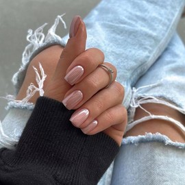 Nude Press On Nails Short - KQueenest Chrome Press On Nails Square, Sparkly Fake Nails Press ons, Bling Glazed Glue on Nails Short Coffin, Cute Shiny False Nail Gel Stick On Nails for Women Weddings