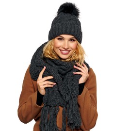 ELIMELI® Winter Hat Women's Hat with Fur Bobble Fleece Lining - Warm Women's Bobble Hat Knitted Hat - Winter Hat with Faux Fur Bobble - Slouch Knitted Beanie Made in EU, Dark grey - hat with scarf, Einheitsgröße