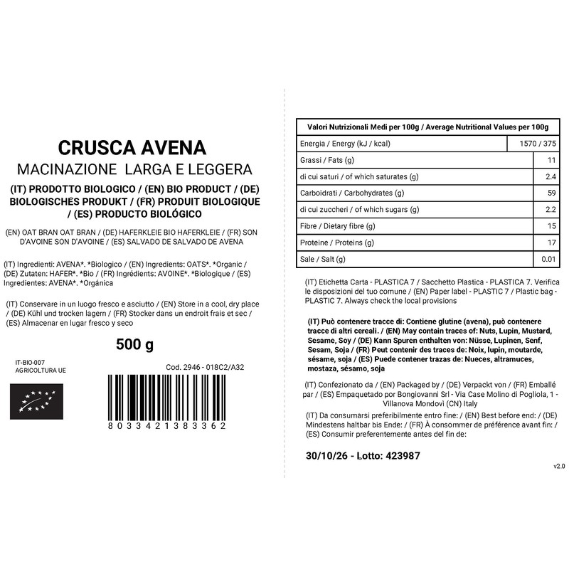 BONGIOVANNI Farine e Bontà Naturali Crusca d’Avena Bio, Macinazione Larga