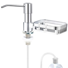 Dish Soap Dispenser for Kitchen Sink, Built in Sink Soap Dispenser Pump with Sponge Holder, Under Counter Chrome Stainless Steel Soap Dispenser with 40” Extension Tube Kit