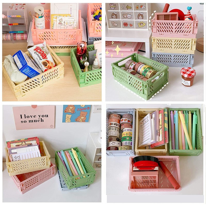 Tianlong 4pcs Mini Foldable Desk Crates Storage Box, Plastic Stackable
