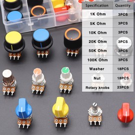 Taiss 77PCS Potentiometer kit with Rotary knobs,WH148 1K 5K 10K 20K 50K 100K Ohm Potentiometer Single Linear Rotary Audio B Type Variable Resistor Potentiometer Assortment kit