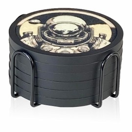 MECOWON Absorbent Coasters for Drinks with Holder - 6 Pack, Silicone, Round, Black, Dual-Sided Space-Themed Patterns