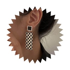 Erimberate Bohemian Black White Striped Dangle Earrings Square Checkered Drop Earrings Large Square Striped Checkered Earrings Geometric Acrylic Checkered Stud Earrings Jewelry for Women