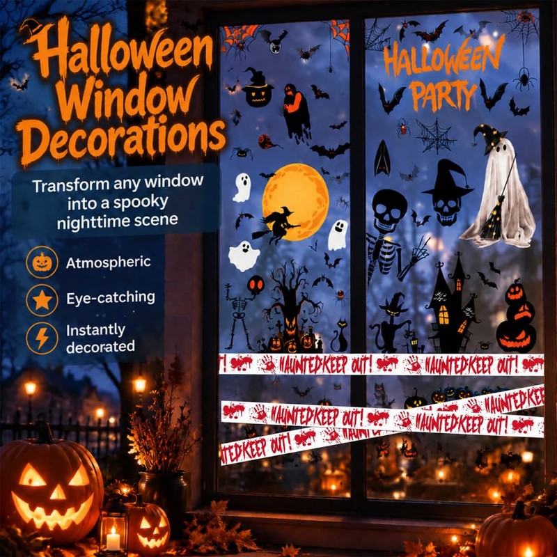 Halloween Window Stickers with Caution Tape 141PCS Halloween Decorations