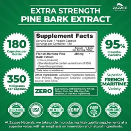 Zazzee Extra Strength French Maritime Pine Bark 20:1 Extract, 350 mg Per Capsule, 180 Vegan Capsules, 95% Proanthocyanidins, Kosher, 6 Month Supply, Standardized 20X Extract, Non-GMO, Made in The USA