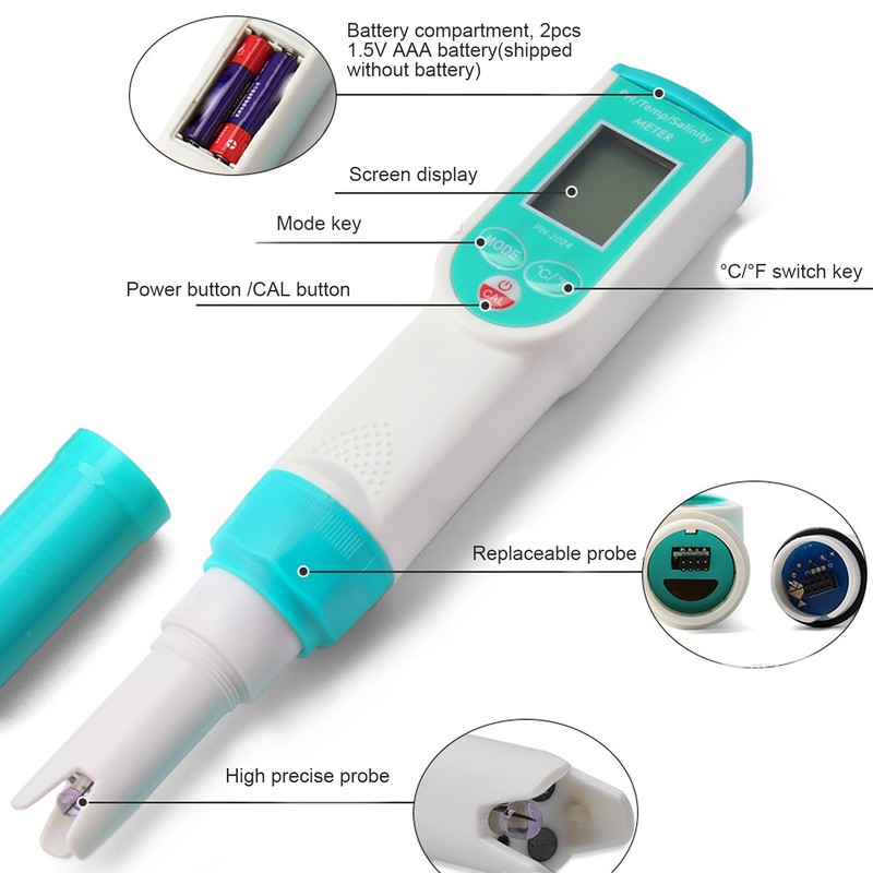 PH Salinity Temperature Tester High Accuracy IP65 Waterproof Portable Digital